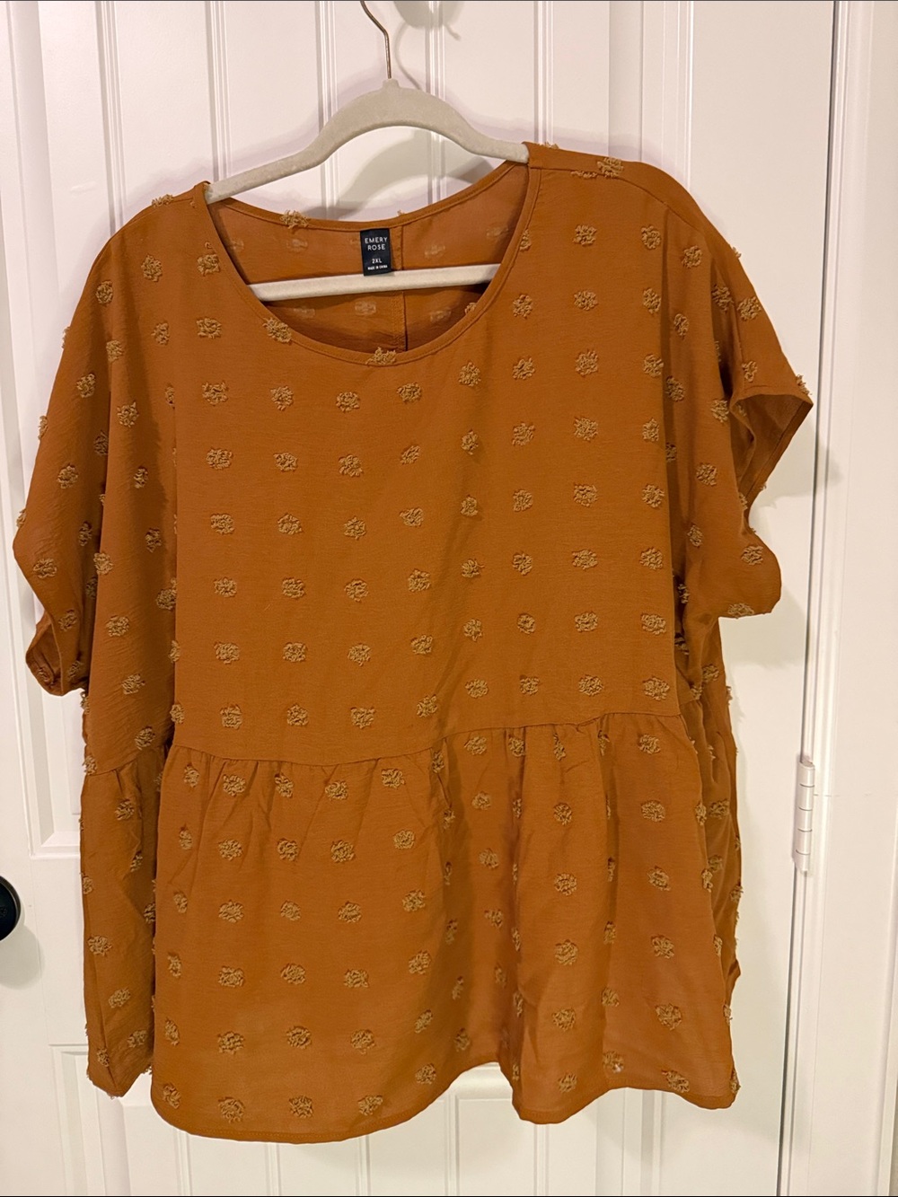 Emory Rose Rust Textured Short Sleeve Peplum Blouse - Rust